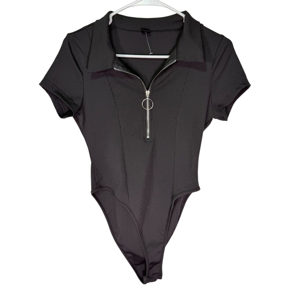 SHEIN Ribbed Zip Front Bodysuit Black Collared Short‎ Sleeve Snap Closure Large